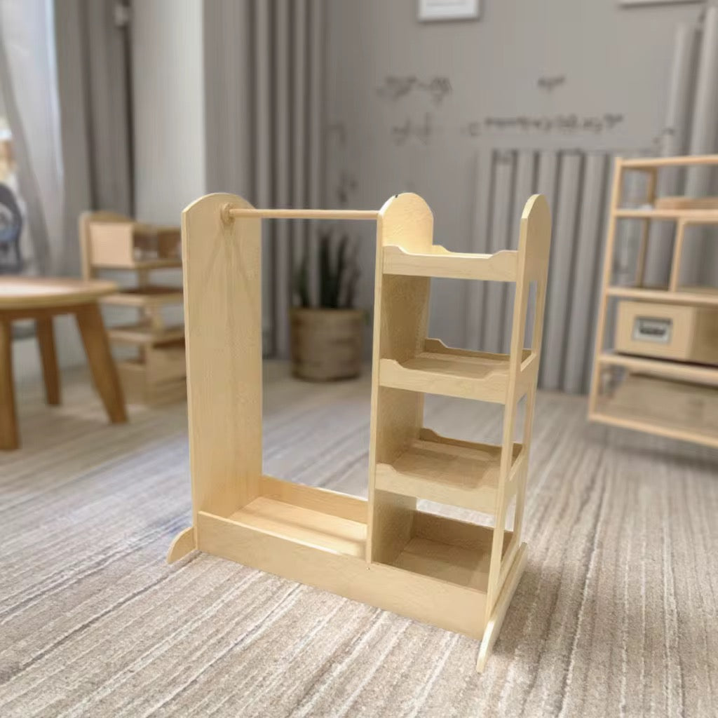 Children's wooden clothes rack with shelves