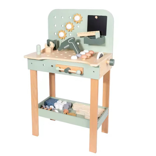 სათამაშო ხის სამუშაო მაგიდა ინსტრუმენტებით