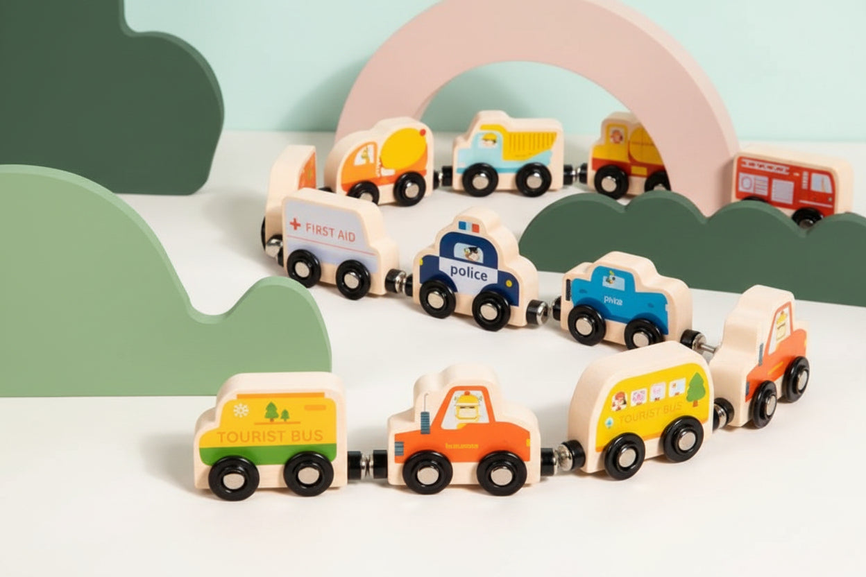 Wooden magnetic car set