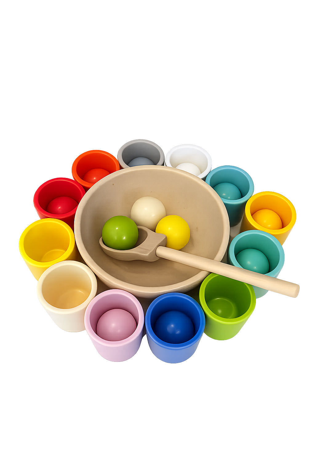 ხის ჭიქები და ბურთები