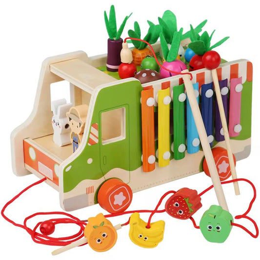 Wooden car with fruit and vegetable set and xylophone