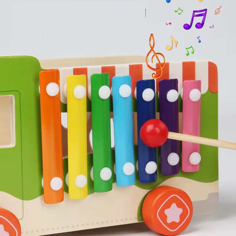 ხის მანქანა ხილ-ბოსტნეულის ნაკრებით და ქსილოფონით