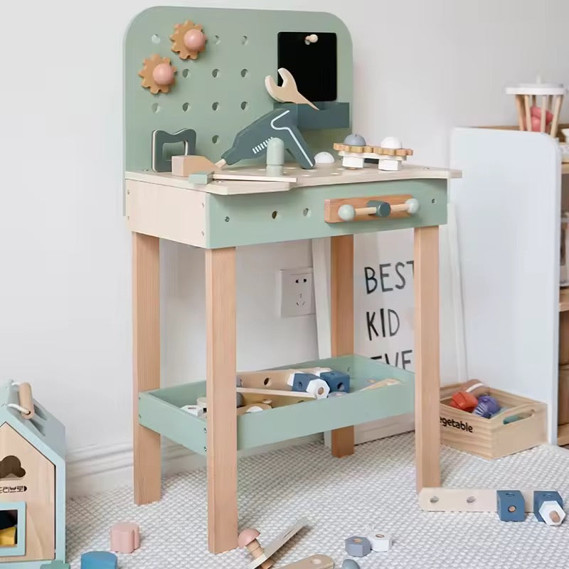 სათამაშო ხის სამუშაო მაგიდა ინსტრუმენტებით