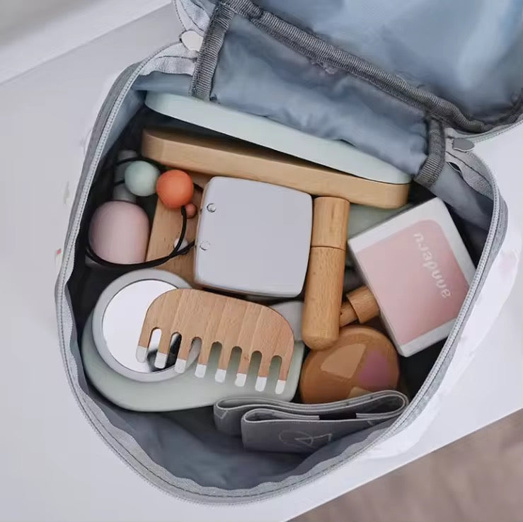 Wooden toy makeup bag set